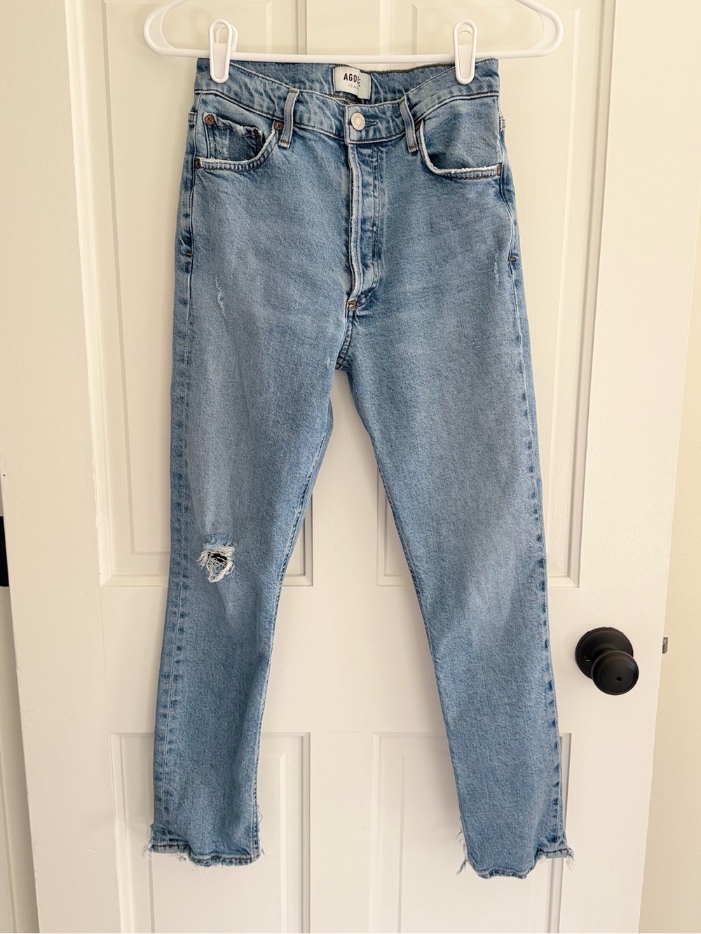 AGOLDE Nico High Rise Slim Jeans‎ 25 Light Wash Button Fly Raw Hem Distressed